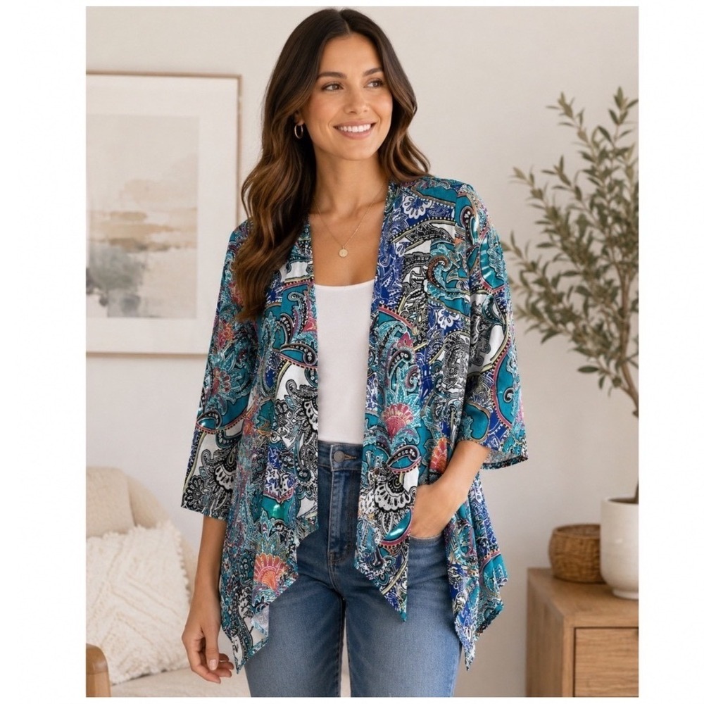Chicos 100% Linen Paisley Open Front Cardigan Jacket Blue Multi Size 2 L Large
